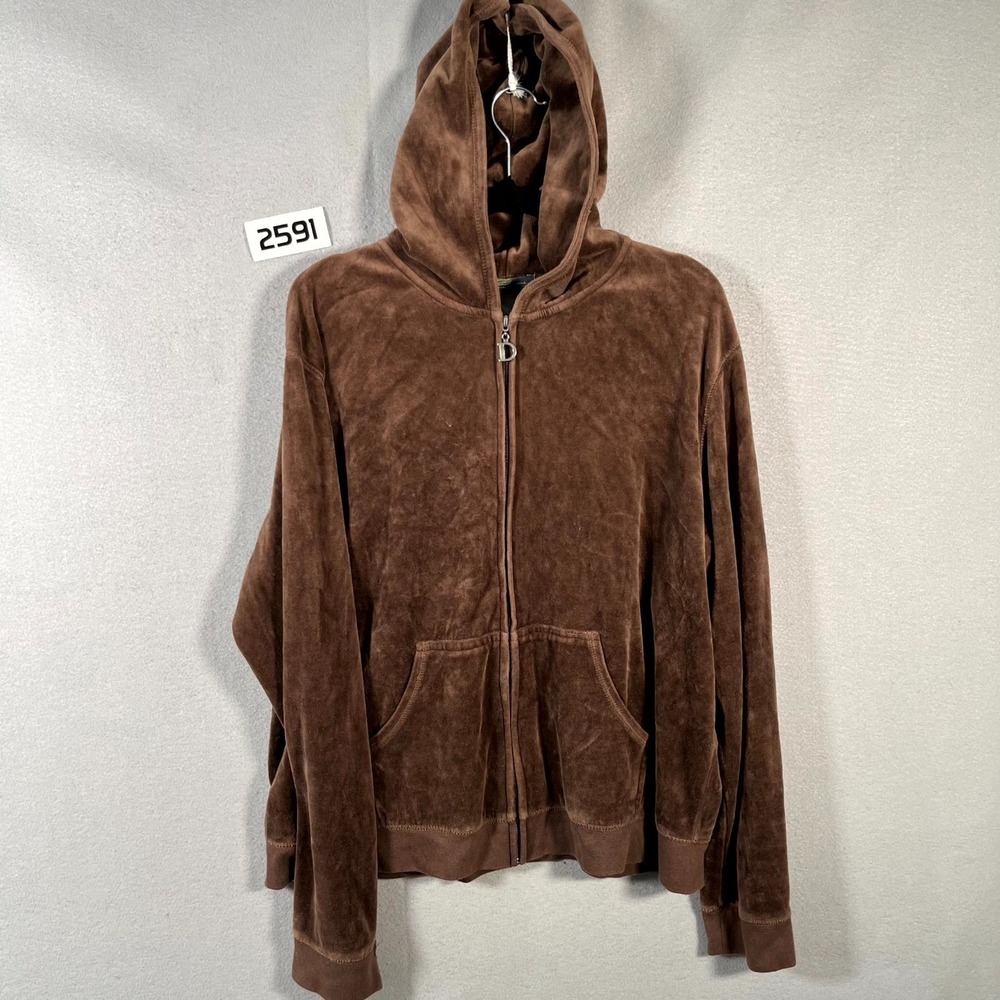 Divinity Couture La Hoodie Womens 2X Brown Cotton Full Zip Velour‎ Long Sleeve